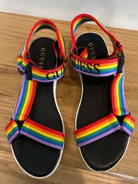 Guess Rainbow Strap Sandals in Black Footbed